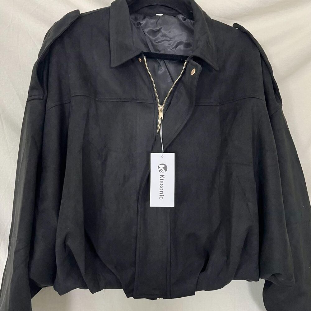 NWT Kissonic Faux Suede Bomber Jacket Oversized Long Sleeve Cropped Coat S - Picture 4 of 8